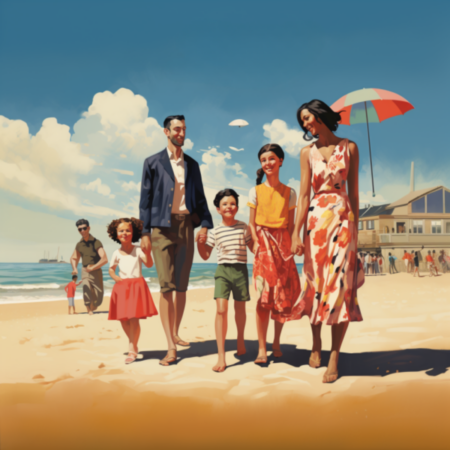 Nostalgic image of family walking along beach